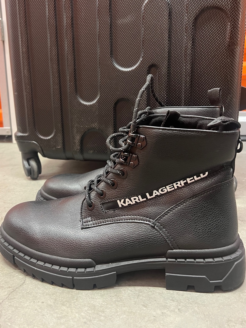 Karl Lagerfeld Black Leather Combat Boots with Logo